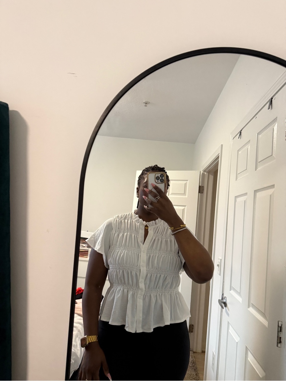 SHEIN White Smocked Button Peplum Blouse